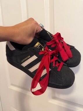 Adidas Superstar Black Suede Sneakers and Red Ribbon Laces